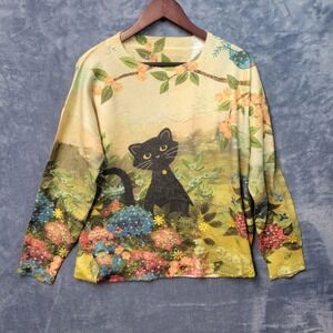 Black‎ Cat Floral Art to Wear Novelty Print Long Sleeve Cozycore Sweater